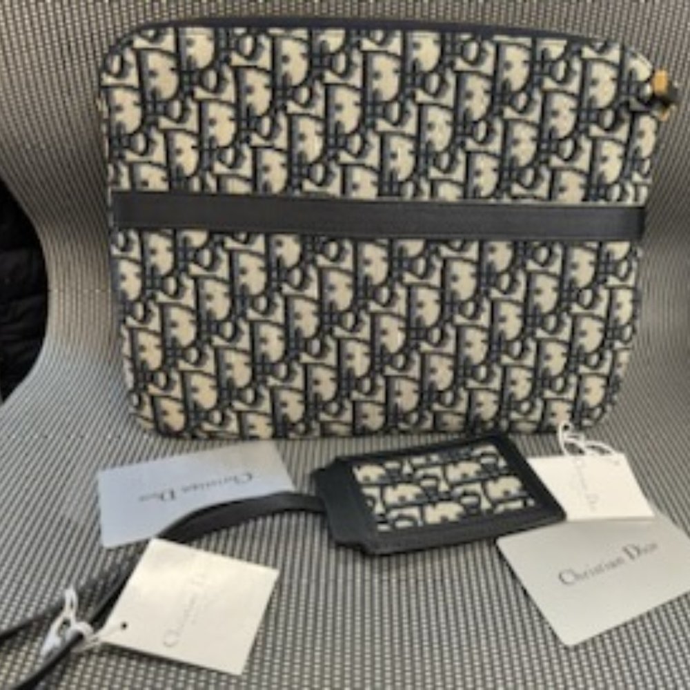 Dior Navy Blue Oblique Canvas and Leather Travel Pouch